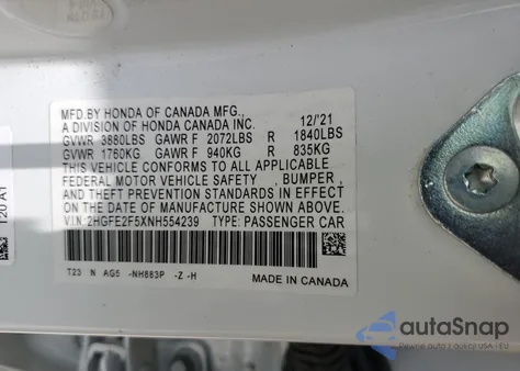 2022 Honda Civic Sport from USA, damaged, VIN 2HGFE2F5XNH554239